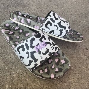 P448 Leopard-Print Slide Sandals in Black, Olive, Pink